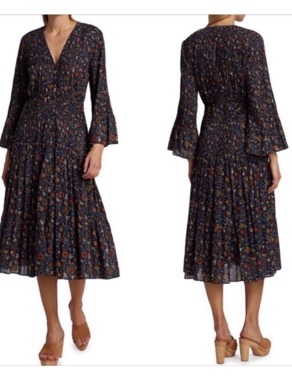 Veronica Beard Floral Midi Dress with Bell Sleeves - Navy